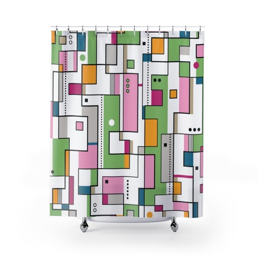Cubism Mid Century Modern Shower Curtain, Vintage Retro 1960s Bathroom Decor