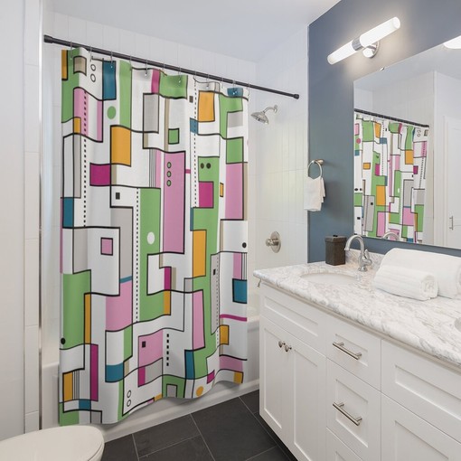 Cubism Mid Century Modern Shower Curtain, Vintage Retro 1960s Bathroom Decor - Image 2