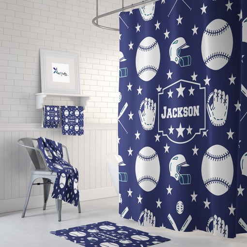 Custom Baseball Theme Shower Curtain Set with Personalized Banner and Blue and White Bathroom Decor for Sporty Flair