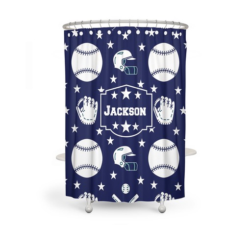 Custom Baseball Theme Shower Curtain Set with Personalized Banner and Blue and White Bathroom Decor for Sporty Flair - Image 2