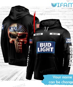 Custom Bud Light All-Over Print 3D Punisher Skull US Flag Beer Hoodie