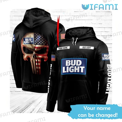 Custom Bud Light All-Over Print 3D Punisher Skull US Flag Beer Hoodie