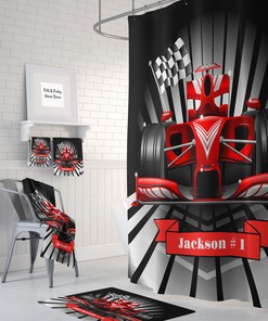 Custom Red Race Car Shower Curtain with Matching Bath Accessories for Playful Bathroom Decor