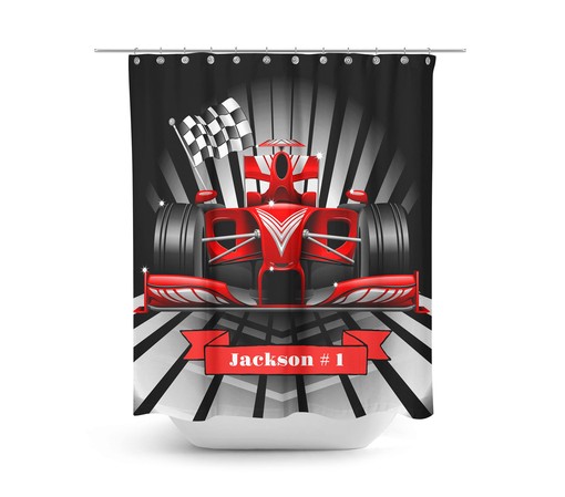 Custom Red Race Car Shower Curtain with Matching Bath Accessories for Playful Bathroom Decor - Image 2