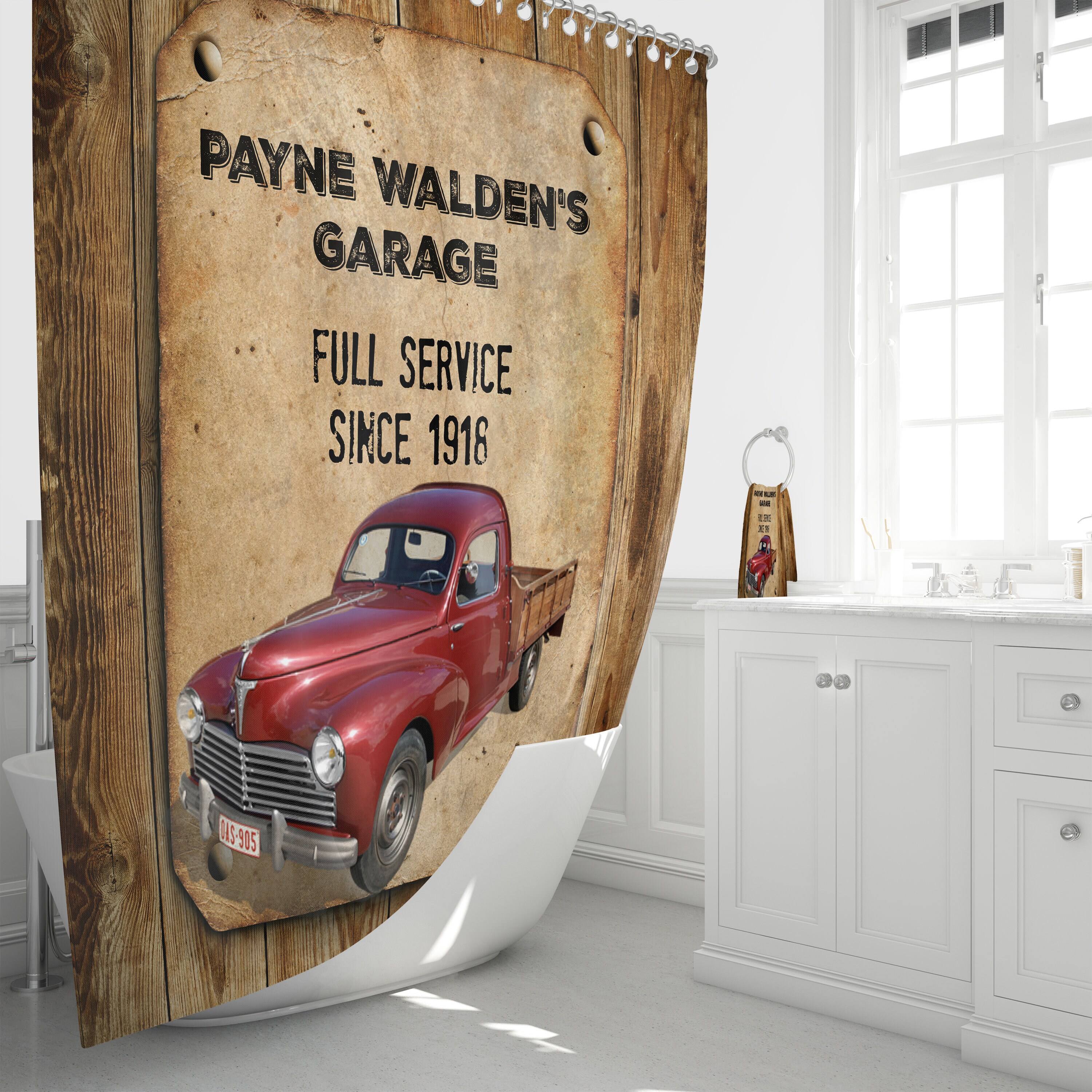 Custom Vintage Red Truck Personalized Shower Curtain with Rustic Bathroom Decor for Custom Charm