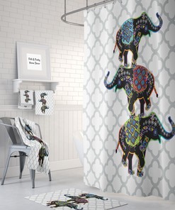 Customizable Boho Elephant Shower Curtain Set for Kids Bathroom