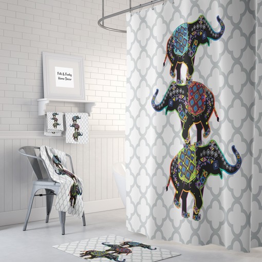 Customizable Boho Elephant Shower Curtain Set for Kids Bathroom