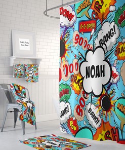 Customizable Comic Book Shower Curtain with Personalized Sound Effects Bathroom Set for Playful Bathroom Decor