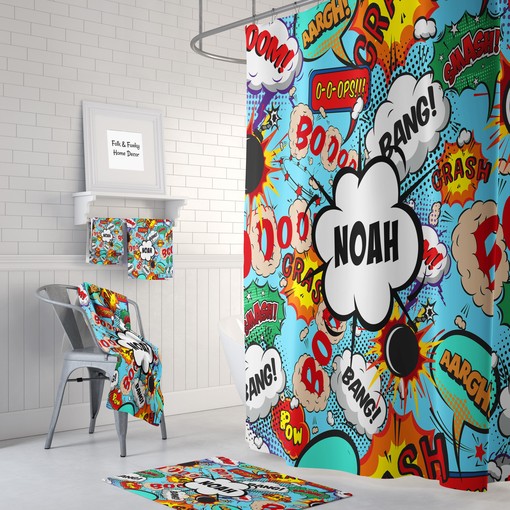 Customizable Comic Book Shower Curtain with Personalized Sound Effects Bathroom Set for Playful Bathroom Decor
