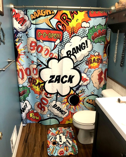 Customizable Comic Book Shower Curtain with Personalized Sound Effects Bathroom Set for Playful Bathroom Decor - Image 2