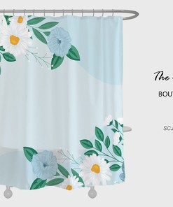 Customizable White Flowers Shower Curtain with Blue Floral Plant Decor for Your Bathroom