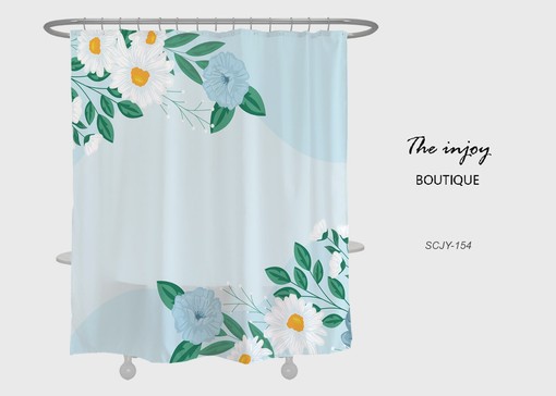 Customizable White Flowers Shower Curtain with Blue Floral Plant Decor for Your Bathroom