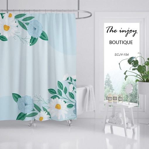 Customizable White Flowers Shower Curtain with Blue Floral Plant Decor for Your Bathroom - Image 2