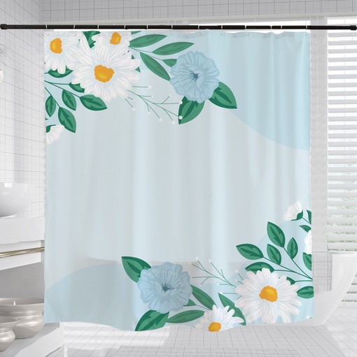 Customizable White Flowers Shower Curtain with Blue Floral Plant Decor for Your Bathroom - Image 3