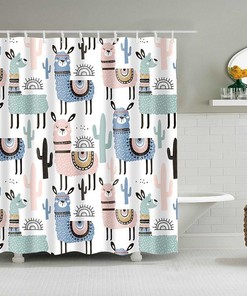 Cute Alpaca Kids Bathroom Shower Curtain | Colorful Llama Animal Fabric Home Bathroom Decor