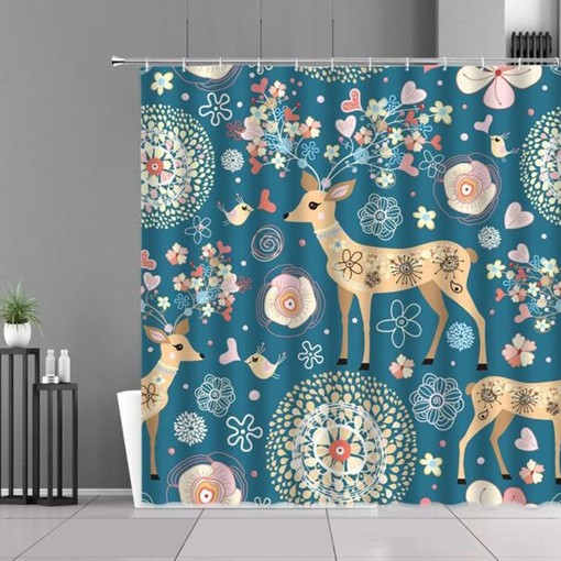 Cute Animal Forest Shower Curtain | Blue Floral Birds Flowers | Home Decor Accessories Kids Will Love
