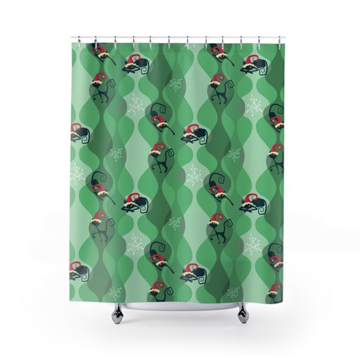 Cute Atomic Cat Christmas Shower Curtain, Retro Bathroom Decor Accessories