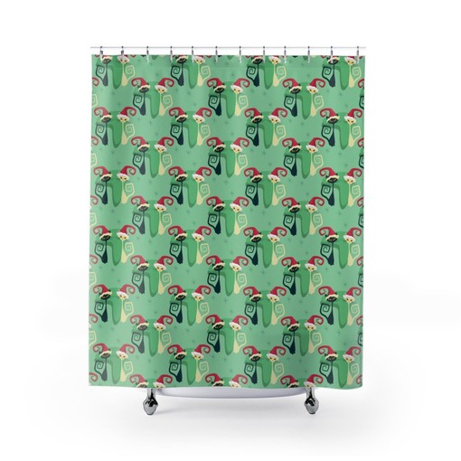 Cute Atomic Cat Christmas Shower Curtain, Retro Indoor Christmas Decor