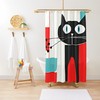 Cute Atomic Cat Retro Mid Century Modern Shower Curtain in Aqua Blue, Red, and White