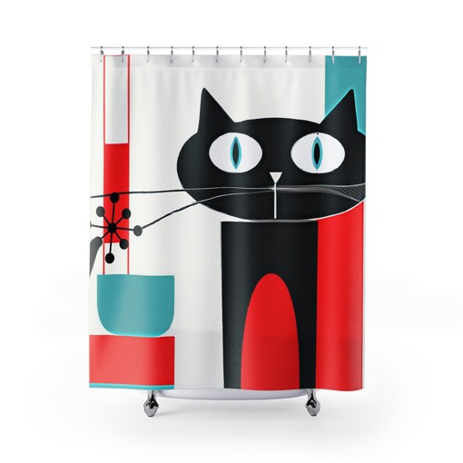 Cute Atomic Cat Retro Mid Century Modern Shower Curtain in Aqua Blue, Red, and White - Image 2