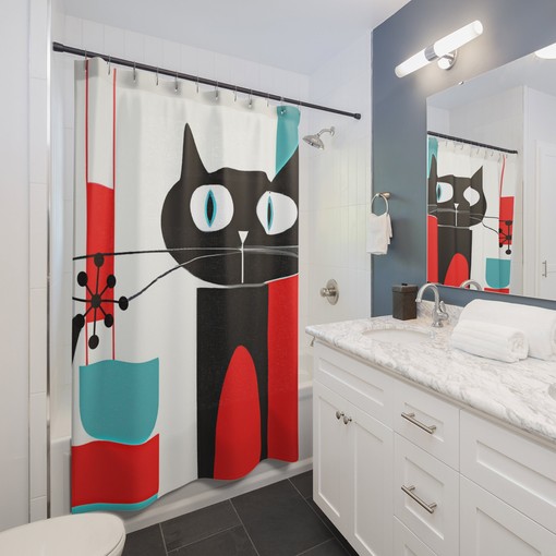 Cute Atomic Cat Retro Mid Century Modern Shower Curtain in Aqua Blue, Red, and White - Image 3