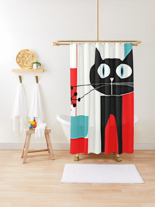 Cute Atomic Cat Retro Mid Century Modern Shower Curtain in Aqua Blue, Red, and White - Image 4