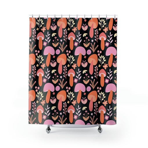 Cute Boho Mushroom Shower Curtain | Retro Gothic Cottage Core Design | Vintage Bathroom Shower Curtains - Image 2