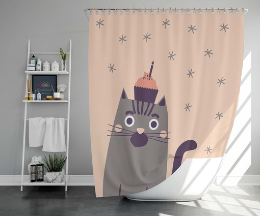 Cute Cat Birthday Vintage Bathroom Shower Curtain | Kitty Animal Fabric Home Bathroom Decor