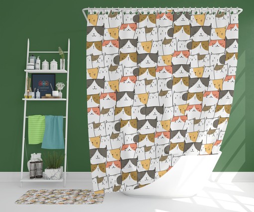Cute Cat Gathering Restroom Shower Curtain | Kitten Animal Fabric Home Bathroom Decor