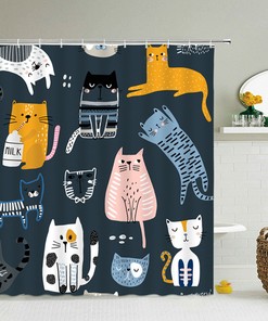 Cute Cat Shower Curtain | Blue Fabric Print | Home Bathroom Decor