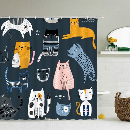 Cute Cat Shower Curtain | Blue Fabric Print | Home Bathroom Decor