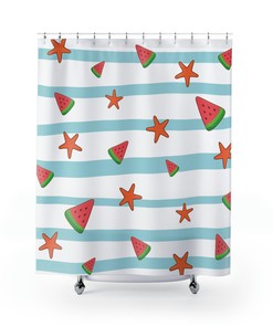 Cute Coastal Theme Hawaiian Boho Shower Curtain with Beach Print