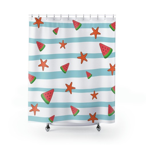 Cute Coastal Theme Hawaiian Boho Shower Curtain with Beach Print
