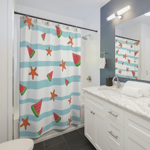 Cute Coastal Theme Hawaiian Boho Shower Curtain with Beach Print - Image 2