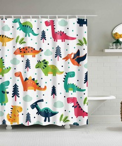 Cute Dinosaur Kids Bathroom Shower Curtain | Colorful Fun Fabric Home Bathroom Decor