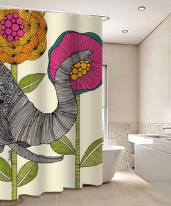 Cute Elephant and Pink Flower Shower Curtain for Kids Bathroom, Wildlife Safari Theme