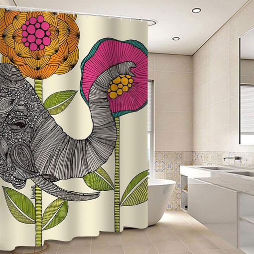 Cute Elephant and Pink Flower Shower Curtain for Kids Bathroom, Wildlife Safari Theme