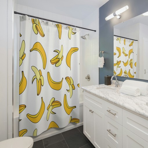 Cute Fruit Theme Shower Curtain | Pop Art Banana Print | Customizable | Kids Bathroom Decor + Quotes