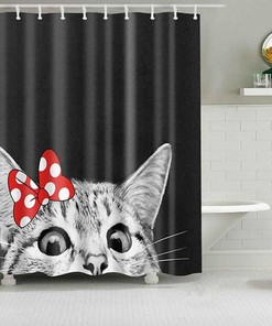 Cute Gray Cat Shower Curtain | White Ribbon Pet Animal Print | Cat Theme Bathroom Decor