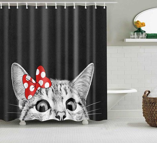 Cute Gray Cat Shower Curtain | White Ribbon Pet Animal Print | Cat Theme Bathroom Decor