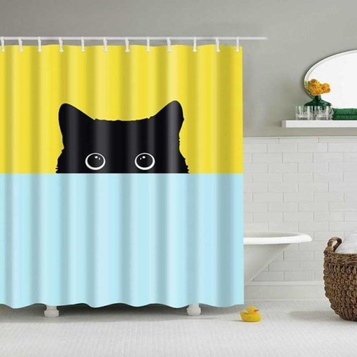 Cute Hiding Cat Shower Curtain | Blue Yellow Fabric | Bathroom Accessories