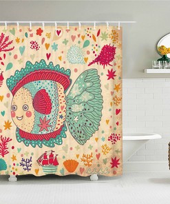 Cute Kids Fish Shower Curtain | Seashell Coral Beach Theme | Ocean Bathroom Decor