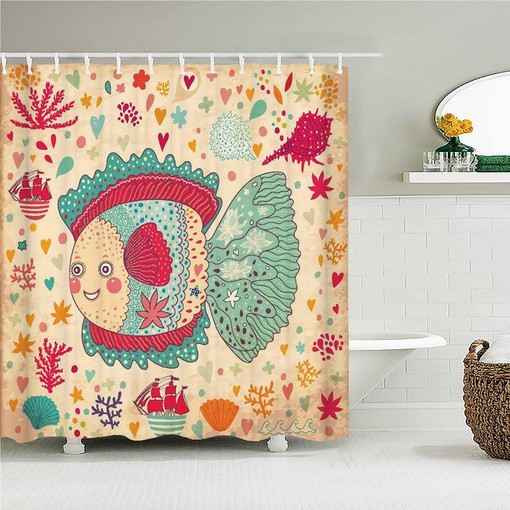 Cute Kids Fish Shower Curtain | Seashell Coral Beach Theme | Ocean Bathroom Decor