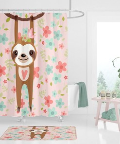 Cute Pink Sloth Shower Curtain Set - Adorable Bath Set with Sloth-Printed Towels and Mat for Playful Bathroom Decor