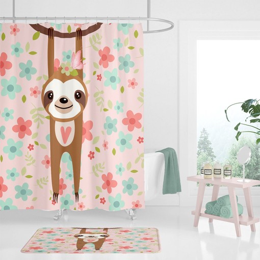 Cute Pink Sloth Shower Curtain Set - Adorable Bath Set with Sloth-Printed Towels and Mat for Playful Bathroom Decor