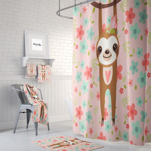 Cute Pink Sloth Shower Curtain Set - Adorable Bath Set with Sloth-Printed Towels and Mat for Playful Bathroom Decor - Image 2