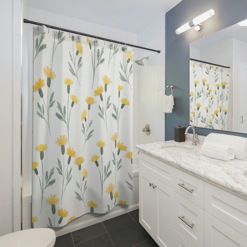 Cute Yellow Wildflowers Shower Curtain | Yellow Flowers Pattern | Home Decor | Vintage Print Fabric Bathroom Curtain