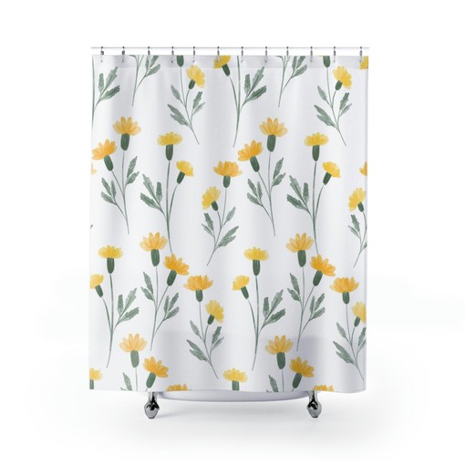 Cute Yellow Wildflowers Shower Curtain | Yellow Flowers Pattern | Home Decor | Vintage Print Fabric Bathroom Curtain - Image 2