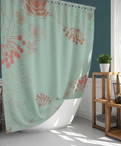 Dandelion Graphic Floral Shower Curtain | Orange Blue Floral Pattern | Fabric Bathroom Curtain & Mat