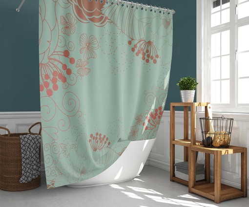 Dandelion Graphic Floral Shower Curtain | Orange Blue Floral Pattern | Fabric Bathroom Curtain & Mat